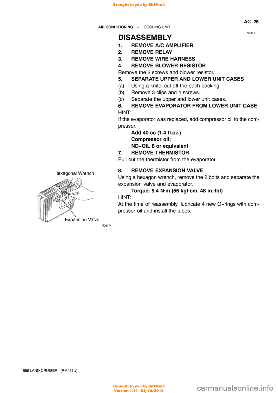 TOYOTA LAND CRUISER 1996 J80 Workshop Manual AC2QP−01
N06174
Hexagonal WrenchExpansion Valve
−
AIR CONDITIONING COOLING UNIT
AC−25
1996 LAND CRUISER   (RM451U)
DISASSEMBLY
1. REMOVE A/C AMPLIFIER
2. REMOVE RELAY
3. REMOVE WIRE HARNESS
4. R