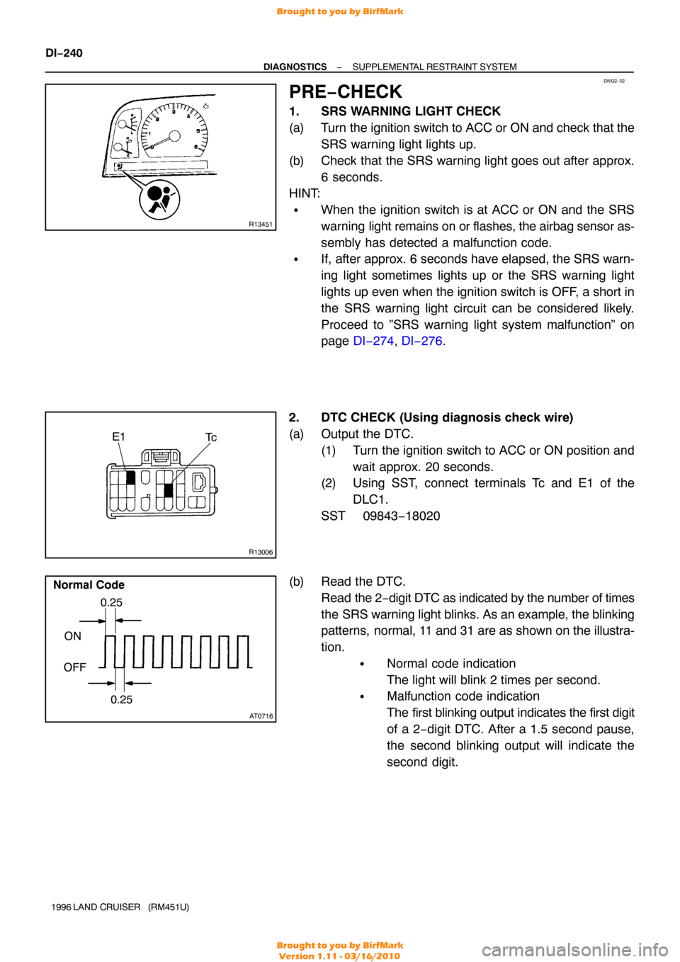 TOYOTA LAND CRUISER 1996 J80 Workshop Manual DI5Q2−02
R13451
R13006
E1Tc
AT0716
Normal Code
ON
OFF 0.25
0.25
DI−240
−
DIAGNOSTICS SUPPLEMENTAL RESTRAINT SYSTEM
1996 LAND  CRUISER   (RM451U)
PRE−CHECK
1. SRS WARNING LIGHT CHECK
(a) Turn t