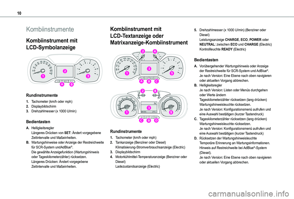 TOYOTA PROACE CITY EV 2022  Betriebsanleitungen (in German) 10
Kombiinstrumente
Kombiinstrument mit 
LCD-Symbolanzeige 
 
Rundinstrumente
1.Tachometer (km/h oder mph)
2.Displaybildschirm
3.Drehzahlmesser (x 1000 U/min)
Bedientasten
A.HelligkeitsreglerLängeres