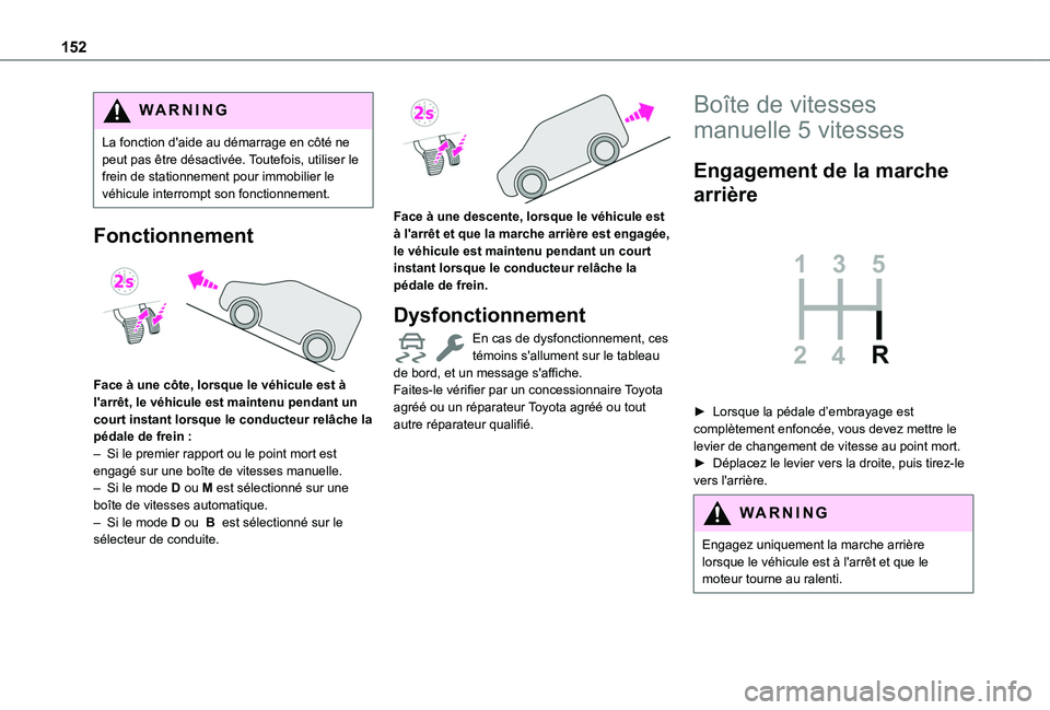 TOYOTA PROACE CITY EV 2022 Manuel du propriétaire (in French) 152
WARNI NG
La fonction d'aide au démarrage en côté ne peut pas être désactivée. Toutefois, utiliser le frein de stationnement pour immobilier le véhicule interrompt son fonctionnement.
Fo TOYOTA PROACE CITY EV 2022 Manuel du propriétaire (in French) 152
WARNI NG
La fonction d'aide au démarrage en côté ne peut pas être désactivée. Toutefois, utiliser le frein de stationnement pour immobilier le véhicule interrompt son fonctionnement.
Fo