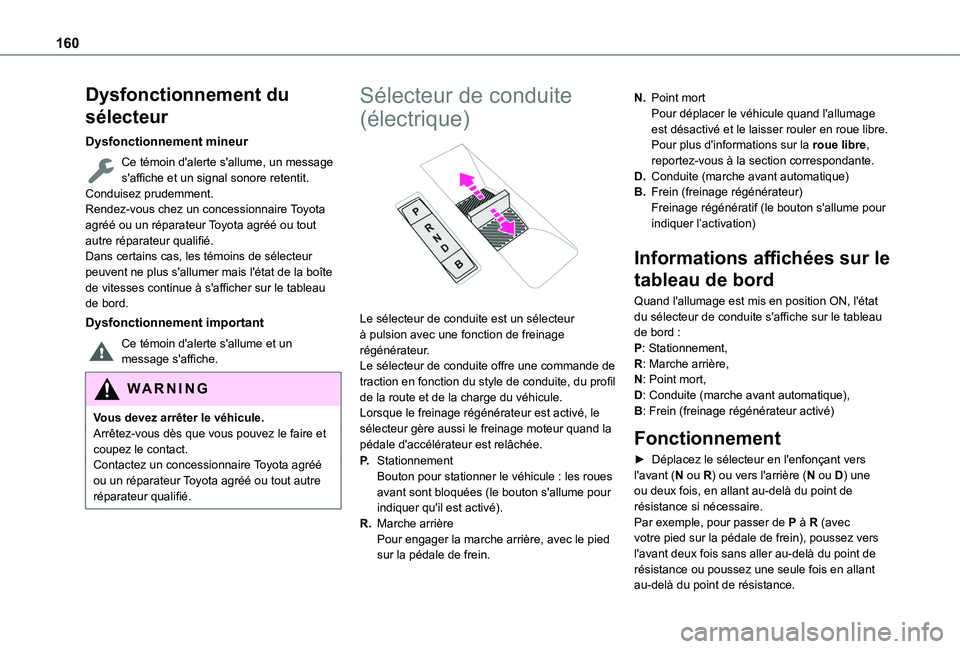 TOYOTA PROACE CITY EV 2022 Manuel du propriétaire (in French) 160
Dysfonctionnement du
sélecteur
Dysfonctionnement mineur
Ce témoin d'alerte s'allume, un message s'affiche et un signal sonore retentit.Conduisez prudemment.Rendez-vous chez un conce TOYOTA PROACE CITY EV 2022 Manuel du propriétaire (in French) 160
Dysfonctionnement du
sélecteur
Dysfonctionnement mineur
Ce témoin d'alerte s'allume, un message s'affiche et un signal sonore retentit.Conduisez prudemment.Rendez-vous chez un conce