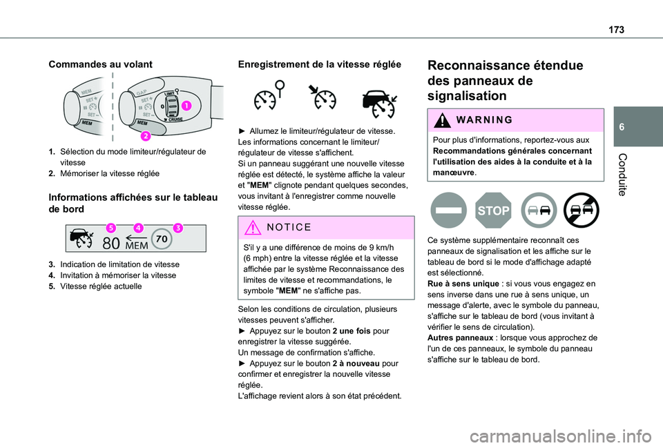 TOYOTA PROACE CITY EV 2022 Manuel du propriétaire (in French) 173
Conduite
6
Commandes au volant
1.Sélection du mode limiteur/régulateur de vitesse
2.Mémoriser la vitesse réglée
Informations affichées sur le tableau
de bord
3.Indication de limitation d TOYOTA PROACE CITY EV 2022 Manuel du propriétaire (in French) 173
Conduite
6
Commandes au volant
1.Sélection du mode limiteur/régulateur de vitesse
2.Mémoriser la vitesse réglée
Informations affichées sur le tableau
de bord
3.Indication de limitation d