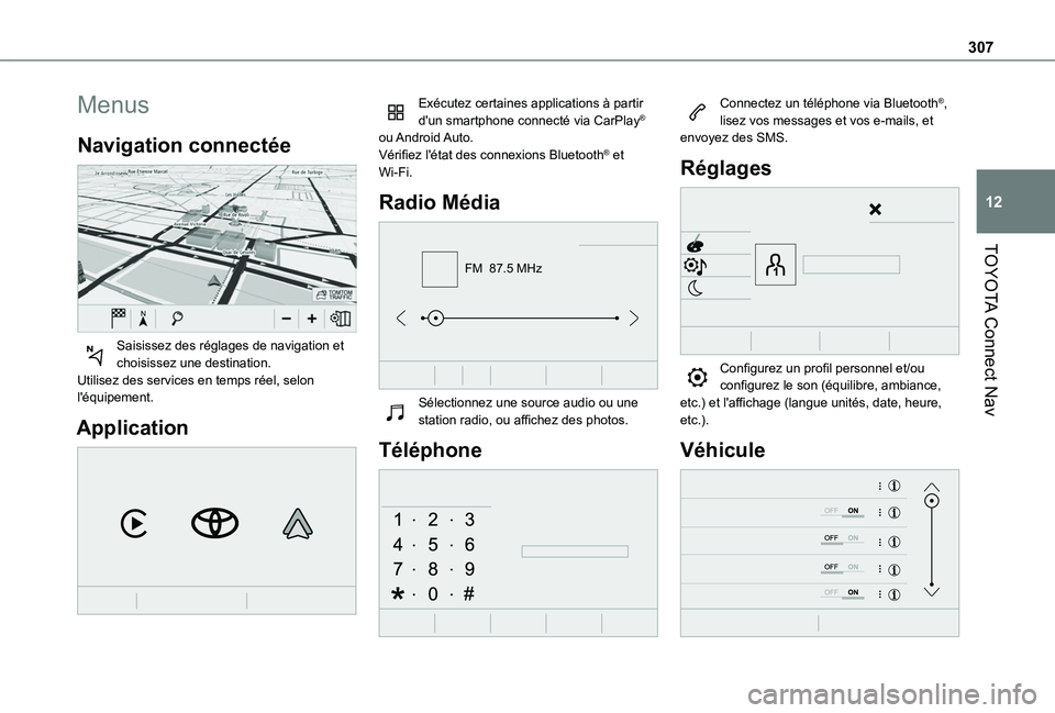 TOYOTA PROACE CITY EV 2022  Manuel du propriétaire (in French) 307
TOYOTA Connect Nav
12
Menus
Navigation connectée 
 
Saisissez des réglages de navigation et choisissez une destination.Utilisez des services en temps réel, selon l'équipement.
Application 