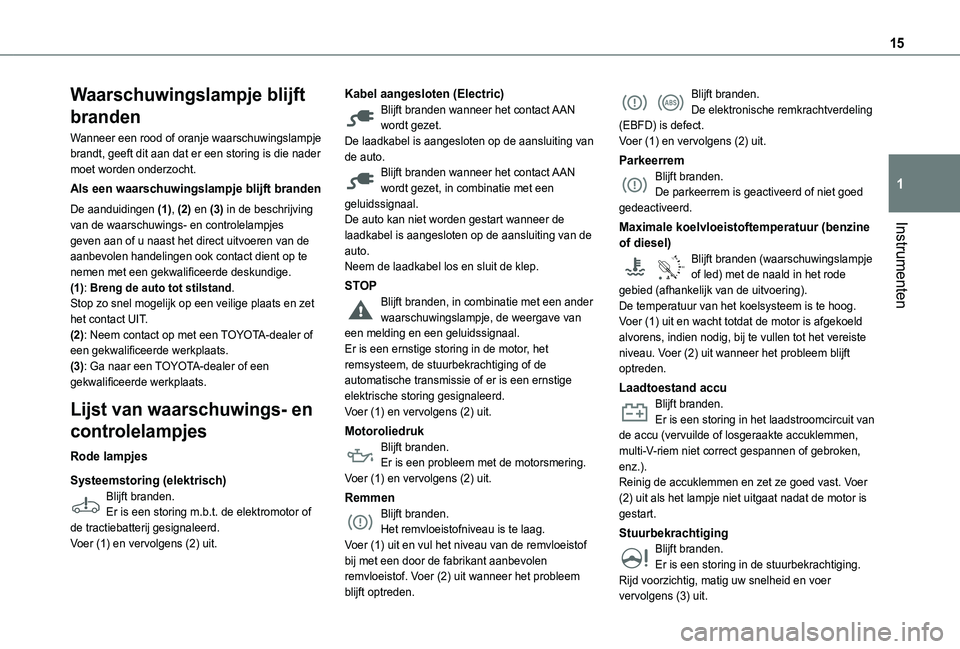 TOYOTA PROACE CITY EV 2022  Instructieboekje (in Dutch) 15
Instrumenten
1
Waarschuwingslampje blijft 
branden
Wanneer een rood of oranje waarschuwingslampje brandt, geeft dit aan dat er een storing is die nader moet worden onderzocht.
Als een waarschuwings