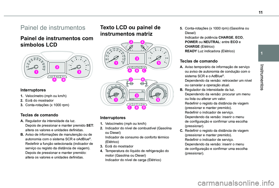 TOYOTA PROACE CITY EV 2022 Manual de utilização (in Portuguese) 11
Instrumentos
1
Painel de instrumentos
Painel de instrumentos com
símbolos LCD
Interruptores
1.Velocímetro (mph ou km/h)
2.Ecrã do mostrador
3.Conta-rotações (x 1000 rpm)
Teclas de comando
TOYOTA PROACE CITY EV 2022 Manual de utilização (in Portuguese) 11
Instrumentos
1
Painel de instrumentos
Painel de instrumentos com
símbolos LCD
Interruptores
1.Velocímetro (mph ou km/h)
2.Ecrã do mostrador
3.Conta-rotações (x 1000 rpm)
Teclas de comando