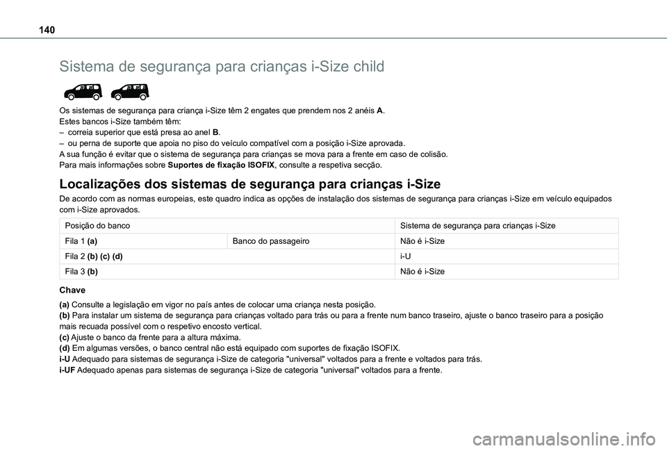 TOYOTA PROACE CITY EV 2022  Manual de utilização (in Portuguese) 140
Sistema de segurança para crianças i-Size child 
 
Os sistemas de segurança para criança i-Size têm 2 engates que prendem nos 2 anéis A.Estes bancos i-Size também têm:– correia superior 