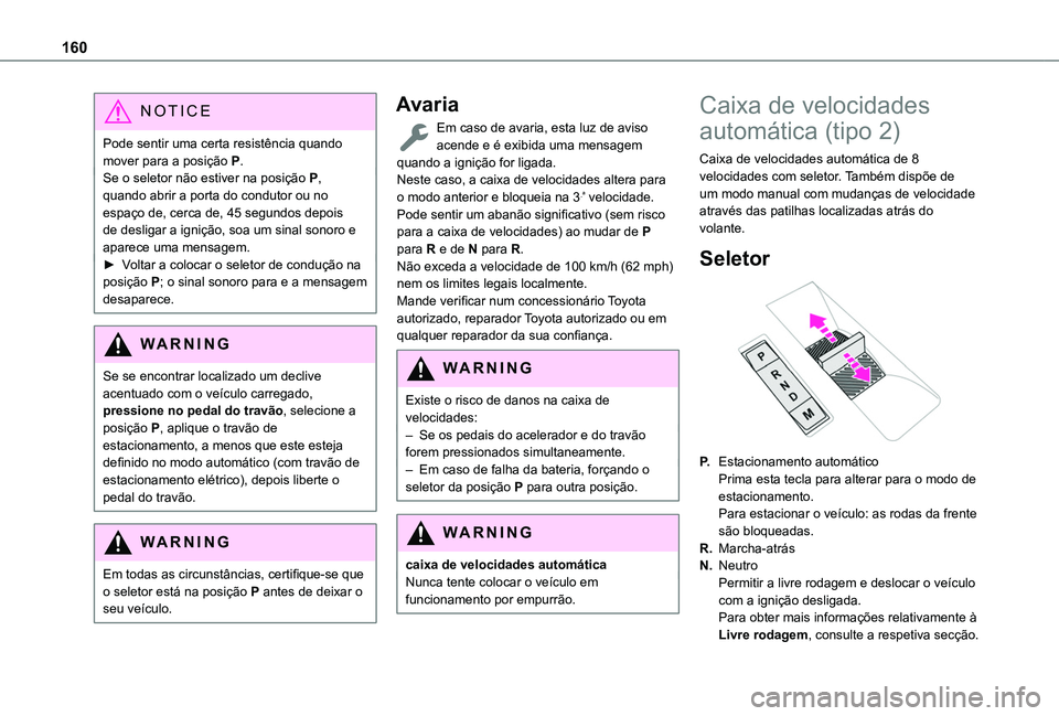 TOYOTA PROACE CITY EV 2022  Manual de utilização (in Portuguese) 160
NOTIC E
Pode sentir uma certa resistência quando mover para a posição P.Se o seletor não estiver na posição P, quando abrir a porta do condutor ou no espaço de, cerca de, 45 segundos depois