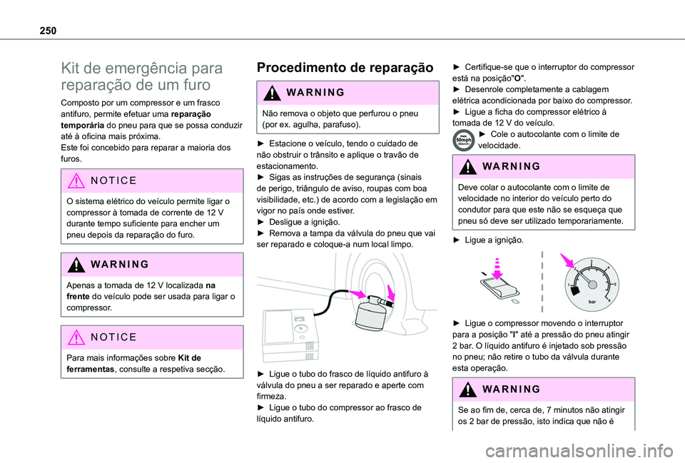 TOYOTA PROACE CITY EV 2022  Manual de utilização (in Portuguese) 250
Kit de emergência para 
reparação de um furo
Composto por um compressor e um frasco antifuro, permite efetuar uma reparação temporária do pneu para que se possa conduzir até à oficina mais