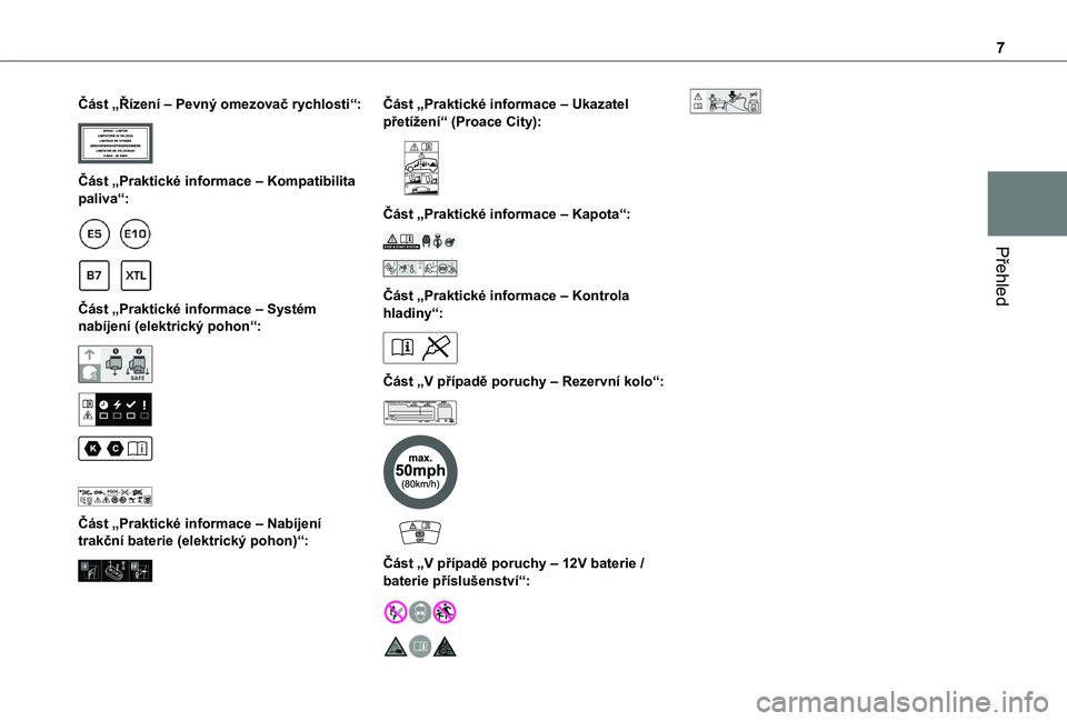 TOYOTA PROACE CITY EV 2022  Návod na použití (in Czech) 7
Přehled
Část „Řízení – Pevný omezovač rychlosti“: 
 
Část „Praktické informace – Kompatibilita paliva“: 
  
 
Část „Praktické informace – Systém nabíjení (elektrick�