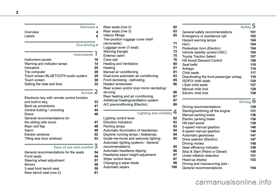 TOYOTA PROACE CITY EV 2021  Owners Manual 2
  
  
  
  ■Overview
Overview  4Labels  6
  ■Eco-driving
 1Instruments
Instrument panels  10Warning and indicator lamps  14Indicators  20Trip computer  28Touch screen BLUETOOTH audio system 