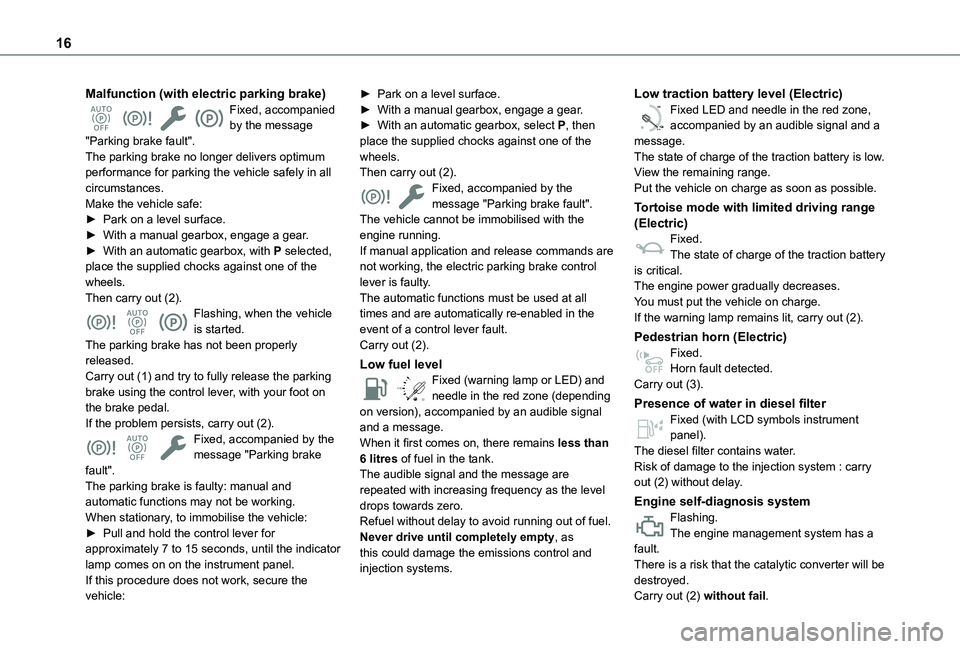 TOYOTA PROACE CITY EV 2021  Owners Manual 16
Malfunction (with electric parking brake)Fixed, accompanied by the message "Parking brake fault".The parking brake no longer delivers optimum performance for parking the vehicle safely in a