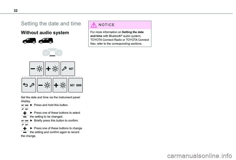 TOYOTA PROACE CITY EV 2021  Owners Manual 32
Setting the date and time
Without audio system 
  
  
 
Set the date and time via the instrument panel display.► Press and hold this button. 
► Press one of these buttons to select the setting 