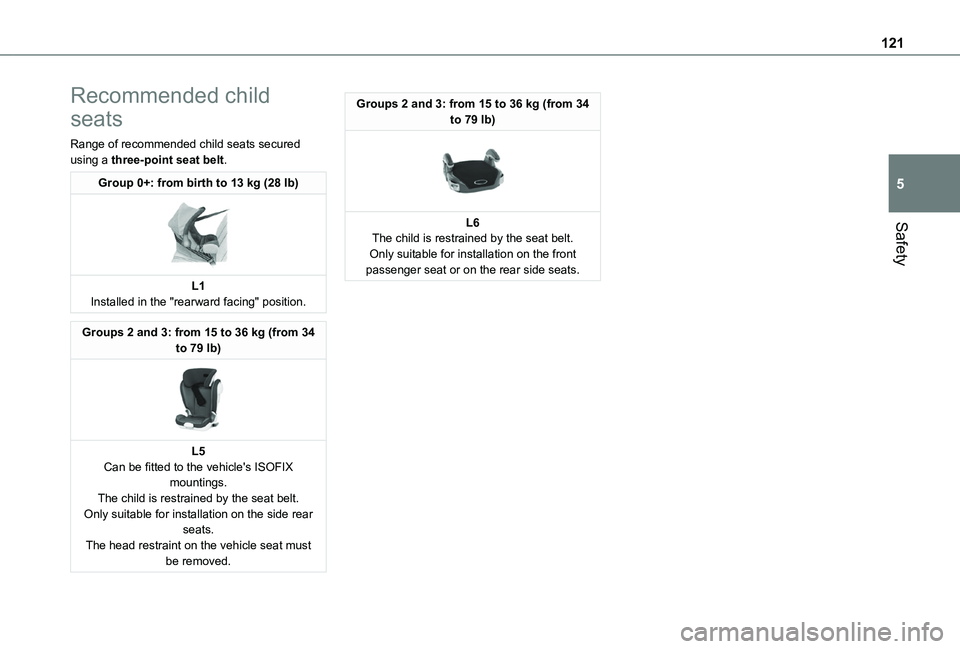 TOYOTA PROACE CITY VERSO 2022  Owners Manual 121
Safety
5
Recommended child 
seats
Range of recommended child seats secured using a three-point seat belt.
Group 0+: from birth to 13 kg (28 lb) 
 
L1Installed in the "rearward facing" posi