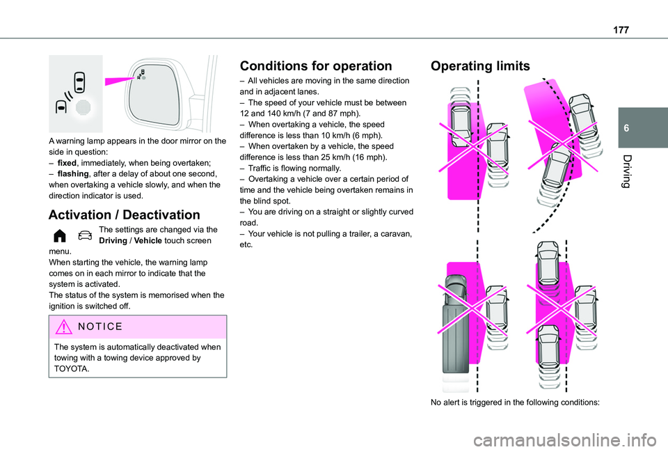 TOYOTA PROACE CITY VERSO 2022 Owners Manual 177
Driving
6
A warning lamp appears in the door mirror on the side in question:– fixed, immediately, when being overtaken;– flashing, after a delay of about one second, when overtaking a vehicle TOYOTA PROACE CITY VERSO 2022 Owners Manual 177
Driving
6
A warning lamp appears in the door mirror on the side in question:– fixed, immediately, when being overtaken;– flashing, after a delay of about one second, when overtaking a vehicle