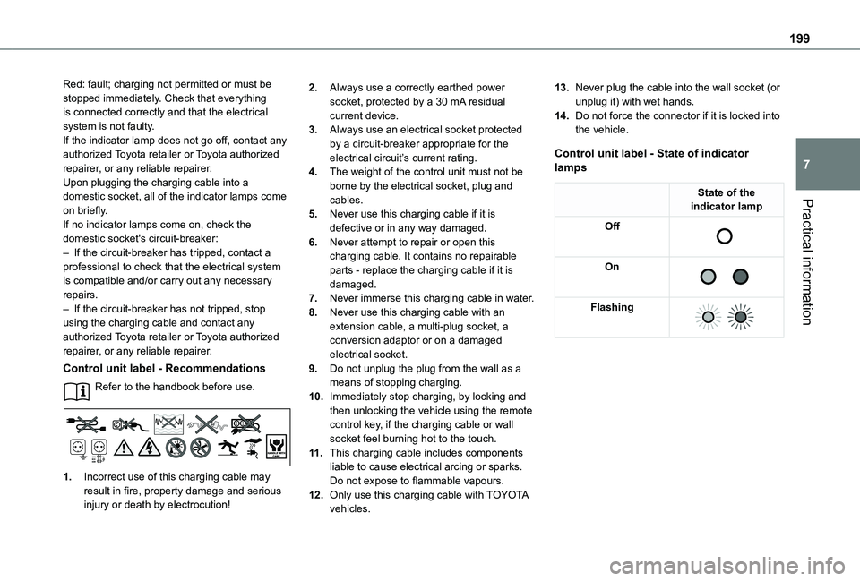 TOYOTA PROACE CITY VERSO 2022  Owners Manual 199
Practical information
7
Red: fault; charging not permitted or must be stopped immediately. Check that everything is connected correctly and that the electrical system is not faulty.If the indicato