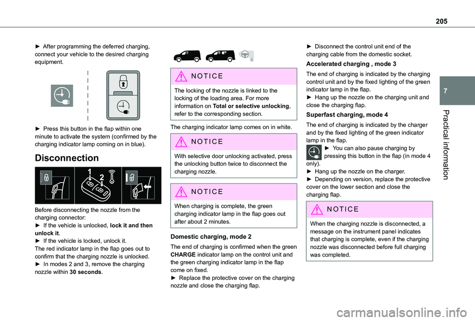TOYOTA PROACE CITY VERSO 2022  Owners Manual 205
Practical information
7
► After programming the deferred charging, connect your vehicle to the desired charging equipment. 
 
►  Press this button in the flap within one minute to activate the