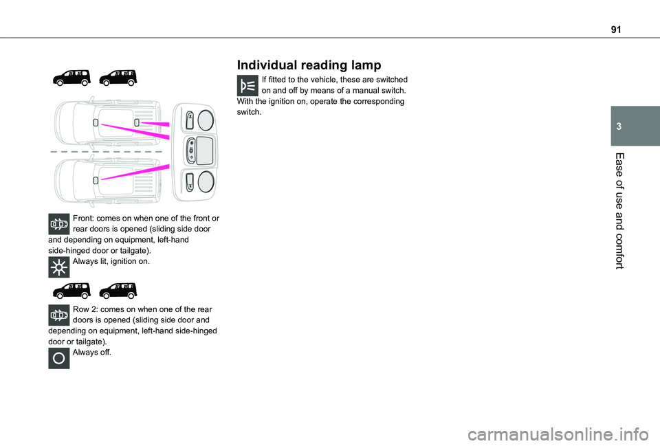 TOYOTA PROACE CITY VERSO 2022 Owners Manual 91
Ease of use and comfort
3
Front: comes on when one of the front or rear doors is opened (sliding side door and depending on equipment, left-hand side-hinged door or tailgate).Always lit, ign TOYOTA PROACE CITY VERSO 2022 Owners Manual 91
Ease of use and comfort
3
Front: comes on when one of the front or rear doors is opened (sliding side door and depending on equipment, left-hand side-hinged door or tailgate).Always lit, ign