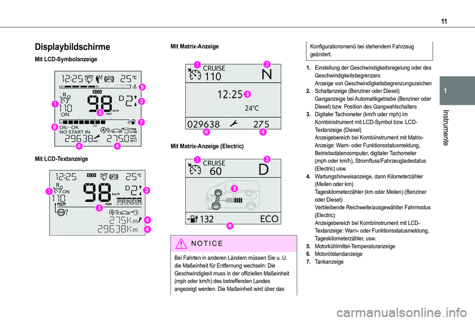 TOYOTA PROACE CITY VERSO 2022  Betriebsanleitungen (in German) 11
Instrumente
1
Displaybildschirme
Mit LCD-Symbolanzeige 
 
Mit LCD-Textanzeige 
 
Mit Matrix-Anzeige 
 
Mit Matrix-Anzeige (Electric) 
 
NOTIC E
Bei Fahrten in anderen Ländern müssen Sie u. U. die