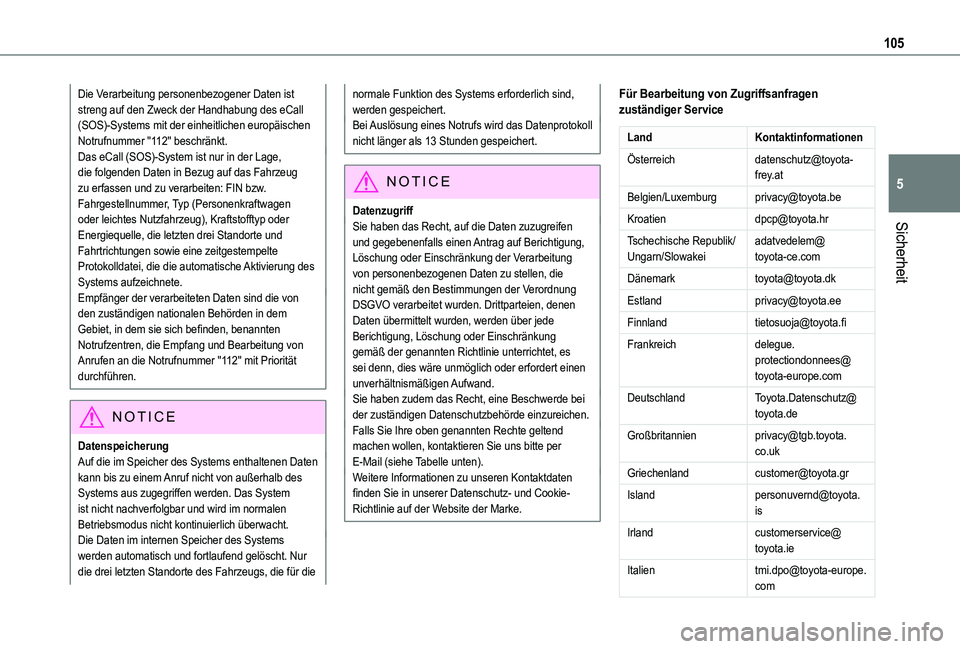 TOYOTA PROACE CITY VERSO 2022  Betriebsanleitungen (in German) 105
Sicherheit
5
Die Verarbeitung personenbezogener Daten ist streng auf den Zweck der Handhabung des eCall (SOS)-Systems mit der einheitlichen europäischen Notrufnummer "112" beschränkt.Das