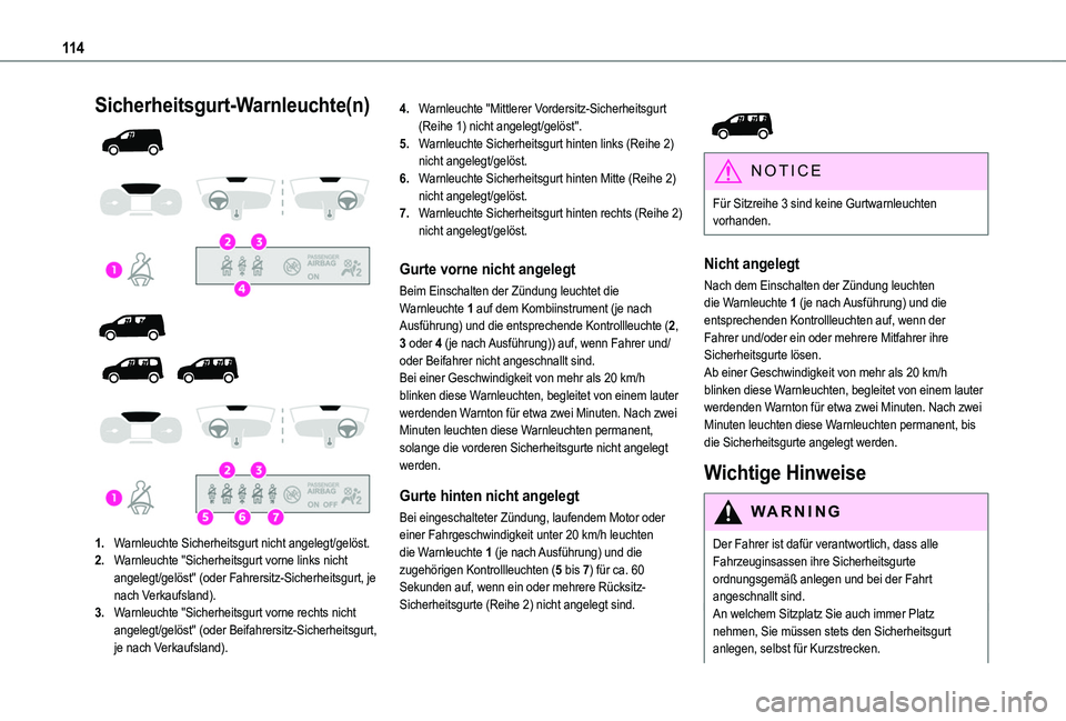 TOYOTA PROACE CITY VERSO 2022  Betriebsanleitungen (in German) 11 4
Sicherheitsgurt-Warnleuchte(n) 
  
  
  
  
 
1.Warnleuchte Sicherheitsgurt nicht angelegt/gelöst.
2.Warnleuchte "Sicherheitsgurt vorne links nicht angelegt/gelöst" (oder Fahrersitz-Sic