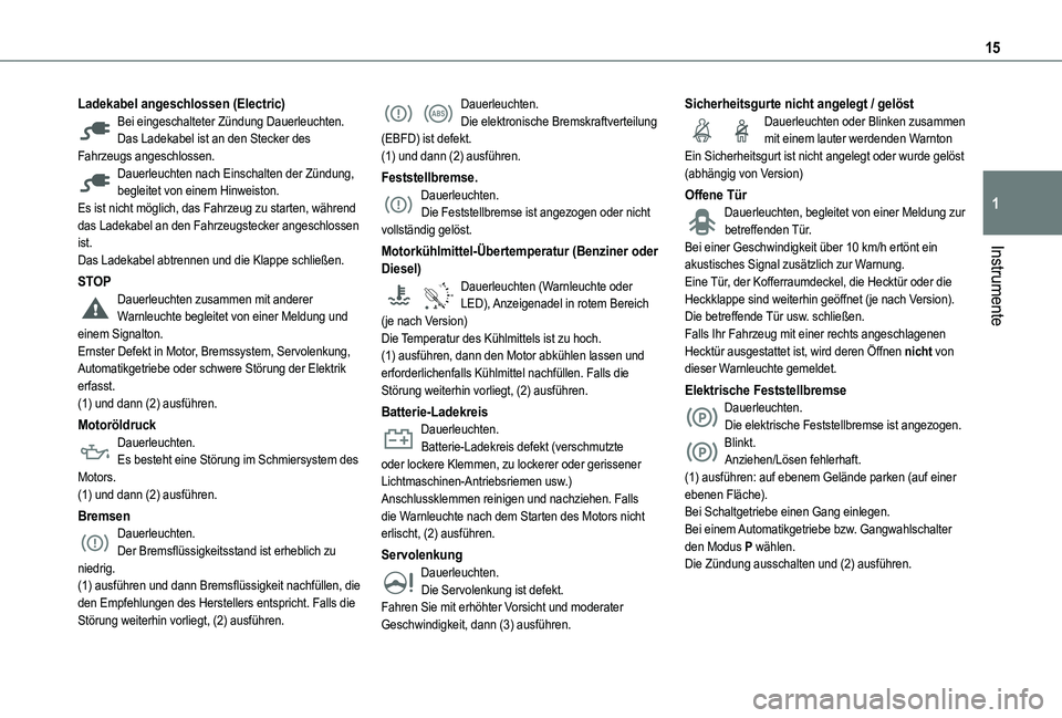TOYOTA PROACE CITY VERSO 2022 Betriebsanleitungen (in German) 15
Instrumente
1
Ladekabel angeschlossen (Electric)Bei eingeschalteter Zündung Dauerleuchten.Das Ladekabel ist an den Stecker des Fahrzeugs angeschlossen.Dauerleuchten nach Einschalten der Zündung, TOYOTA PROACE CITY VERSO 2022 Betriebsanleitungen (in German) 15
Instrumente
1
Ladekabel angeschlossen (Electric)Bei eingeschalteter Zündung Dauerleuchten.Das Ladekabel ist an den Stecker des Fahrzeugs angeschlossen.Dauerleuchten nach Einschalten der Zündung,