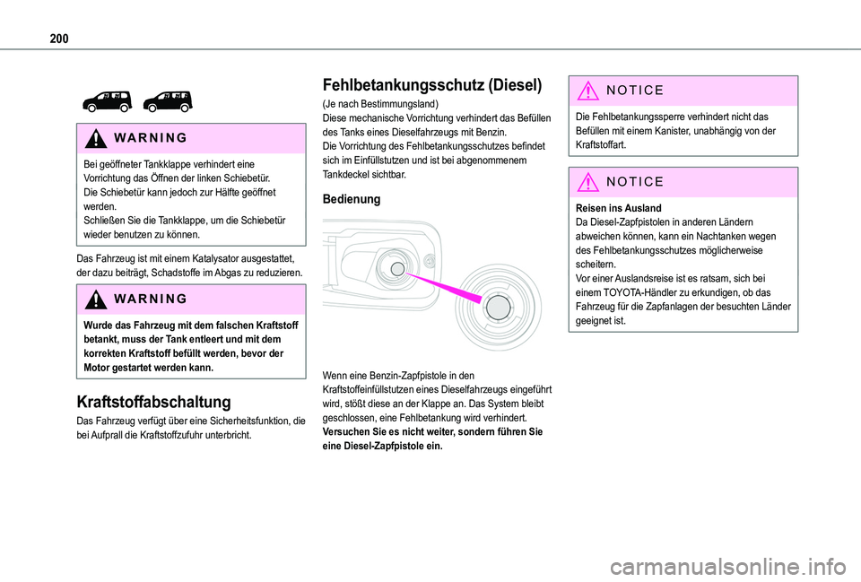 TOYOTA PROACE CITY VERSO 2022 Betriebsanleitungen (in German) 200
WARNI NG
Bei geöffneter Tankklappe verhindert eine Vorrichtung das Öffnen der linken Schiebetür.Die Schiebetür kann jedoch zur Hälfte geöffnet werden.Schließen Sie die Tankklappe, um di TOYOTA PROACE CITY VERSO 2022 Betriebsanleitungen (in German) 200
WARNI NG
Bei geöffneter Tankklappe verhindert eine Vorrichtung das Öffnen der linken Schiebetür.Die Schiebetür kann jedoch zur Hälfte geöffnet werden.Schließen Sie die Tankklappe, um di
