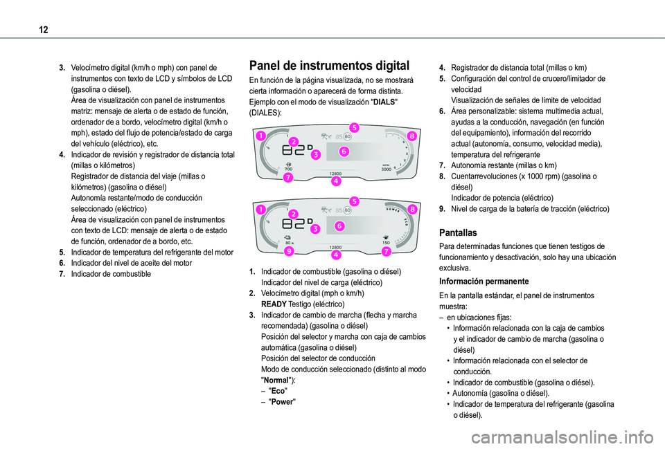 TOYOTA PROACE CITY VERSO 2022 Manual del propietario (in Spanish) 12
3.Velocímetro digital (km/h o mph) con panel de instrumentos con texto de LCD y símbolos de LCD (gasolina o diésel).Área de visualización con panel de instrumentos matriz: mensaje de alerta o TOYOTA PROACE CITY VERSO 2022 Manual del propietario (in Spanish) 12
3.Velocímetro digital (km/h o mph) con panel de instrumentos con texto de LCD y símbolos de LCD (gasolina o diésel).Área de visualización con panel de instrumentos matriz: mensaje de alerta o