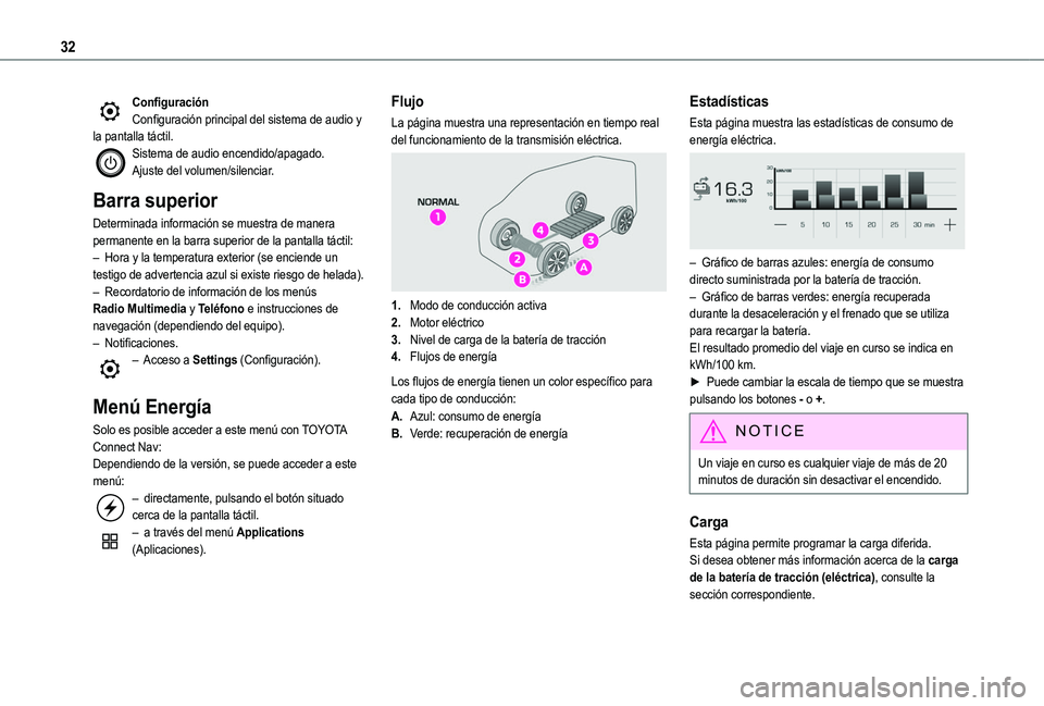 TOYOTA PROACE CITY VERSO 2022  Manual del propietario (in Spanish) 32
ConfiguraciónConfiguración principal del sistema de audio y la pantalla táctil.Sistema de audio encendido/apagado.Ajuste del volumen/silenciar.
Barra superior
Determinada información se muestra