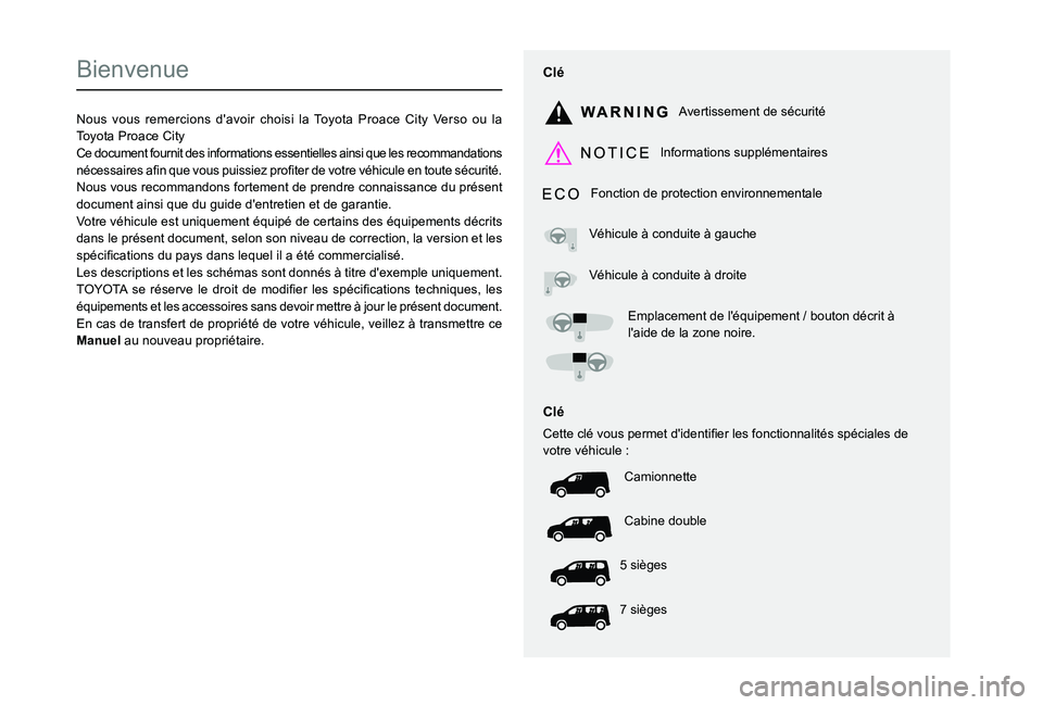TOYOTA PROACE CITY VERSO 2022 Manuel du propriétaire (in French)
Bienvenue
Nous vous remercions d'avoir choisi la Toyota Proace City Verso ou la Toyota Proace CityCe document fournit des informations essentielles TOYOTA PROACE CITY VERSO 2022 Manuel du propriétaire (in French)
Bienvenue
Nous vous remercions d'avoir choisi la Toyota Proace City Verso ou la Toyota Proace CityCe document fournit des informations essentielles