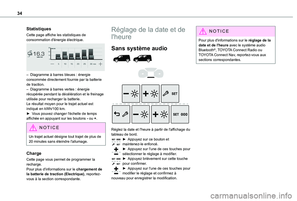TOYOTA PROACE CITY VERSO 2022 Manuel du propriétaire (in French) 34
Statistiques
Cette page affiche les statistiques de consommation d'énergie électrique.
– Diagramme à barres bleues : énergie consommée directement fournie par la batterie de traction. TOYOTA PROACE CITY VERSO 2022 Manuel du propriétaire (in French) 34
Statistiques
Cette page affiche les statistiques de consommation d'énergie électrique.
– Diagramme à barres bleues : énergie consommée directement fournie par la batterie de traction.