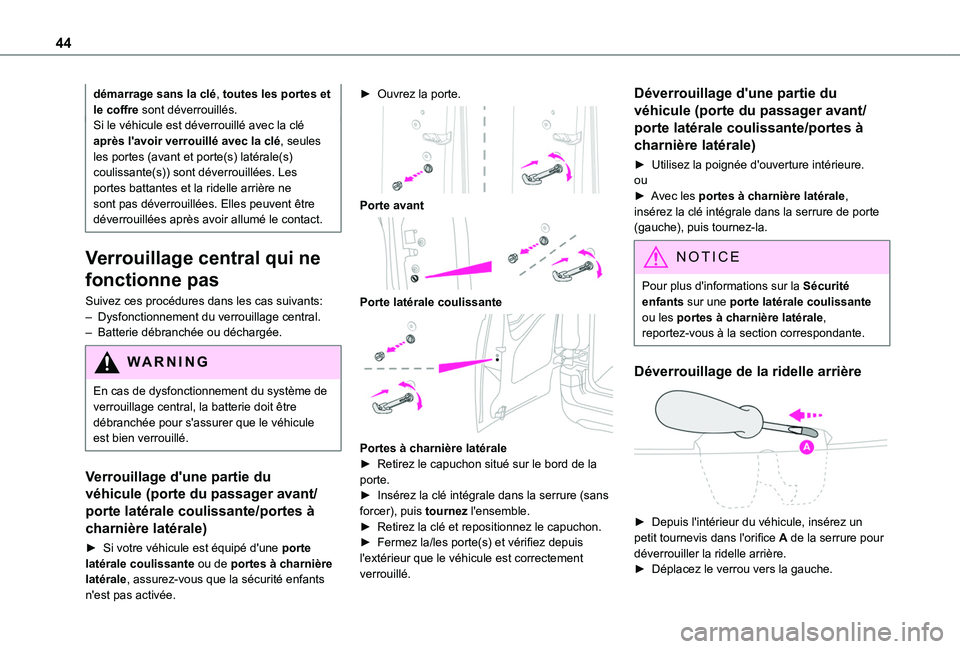 TOYOTA PROACE CITY VERSO 2022 Manuel du propriétaire (in French) 44
démarrage sans la clé, toutes les portes et le coffre sont déverrouillés.Si le véhicule est déverrouillé avec la clé après l'avoir verrouillé avec la clé, seules les portes (avant et TOYOTA PROACE CITY VERSO 2022 Manuel du propriétaire (in French) 44
démarrage sans la clé, toutes les portes et le coffre sont déverrouillés.Si le véhicule est déverrouillé avec la clé après l'avoir verrouillé avec la clé, seules les portes (avant et