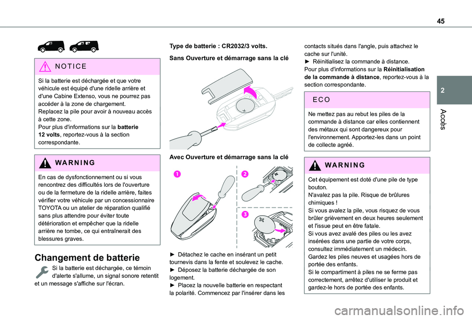 TOYOTA PROACE CITY VERSO 2022 Manuel du propriétaire (in French) 45
Accès
2
NOTIC E
Si la batterie est déchargée et que votre véhicule est équipé d'une ridelle arrière et d'une Cabine Extenso, vous ne pourrez pas accéder à la zone de chargement.R TOYOTA PROACE CITY VERSO 2022 Manuel du propriétaire (in French) 45
Accès
2
NOTIC E
Si la batterie est déchargée et que votre véhicule est équipé d'une ridelle arrière et d'une Cabine Extenso, vous ne pourrez pas accéder à la zone de chargement.R