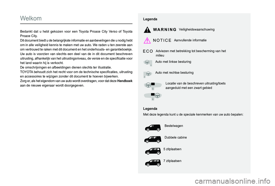 TOYOTA PROACE CITY VERSO 2022 Instructieboekje (in Dutch)
Welkom
Bedankt dat u hebt gekozen voor een Toyota Proace City Verso of Toyota Proace City.Dit document biedt u de belangrijkste informatie en aanbeveli TOYOTA PROACE CITY VERSO 2022 Instructieboekje (in Dutch)
Welkom
Bedankt dat u hebt gekozen voor een Toyota Proace City Verso of Toyota Proace City.Dit document biedt u de belangrijkste informatie en aanbeveli