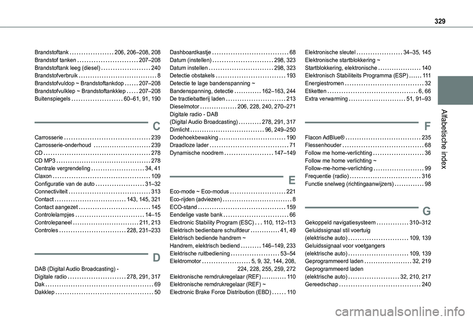 TOYOTA PROACE CITY VERSO 2022  Instructieboekje (in Dutch) 329
Alfabetische index
Brandstoftank   206, 206–208, 208Brandstof tanken   207–208Brandstoftank leeg (diesel)   240Brandstofverbruik   8Brandstofvuldop ~ Brandstoftankdop   207–208Brandstofvulkl