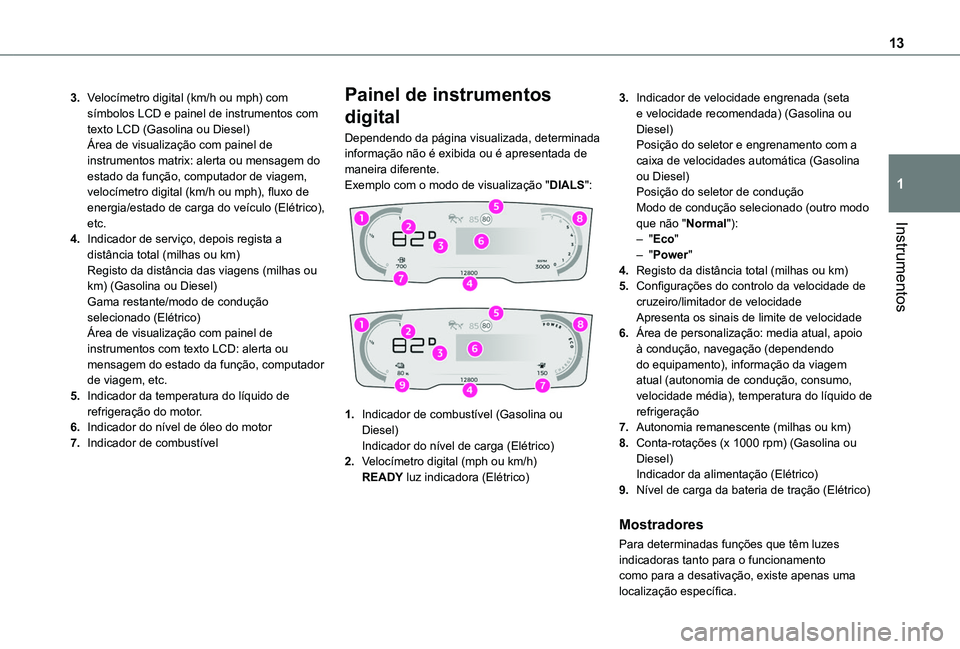 TOYOTA PROACE CITY VERSO 2022 Manual de utilização (in Portuguese) 13
Instrumentos
1
3.Velocímetro digital (km/h ou mph) com símbolos LCD e painel de instrumentos com texto LCD (Gasolina ou Diesel)Área de visualização com painel de instrumentos matrix: alerta ou TOYOTA PROACE CITY VERSO 2022 Manual de utilização (in Portuguese) 13
Instrumentos
1
3.Velocímetro digital (km/h ou mph) com símbolos LCD e painel de instrumentos com texto LCD (Gasolina ou Diesel)Área de visualização com painel de instrumentos matrix: alerta ou