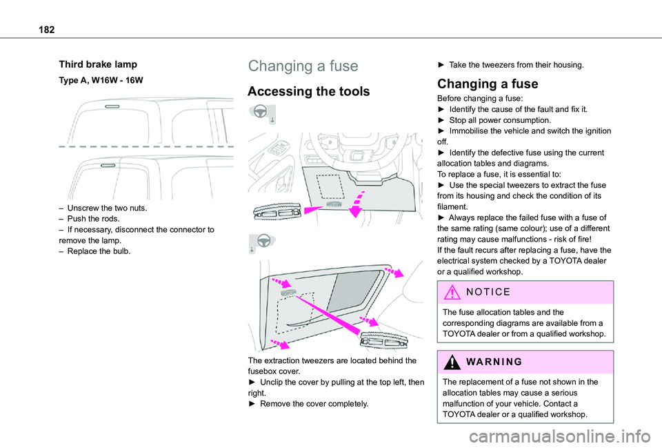 TOYOTA PROACE CITY VERSO 2021  Owners Manual 182
Third brake lamp
Type A, W16W - 16W 
 
– Unscrew the two nuts.– Push the rods.– If necessary, disconnect the connector to remove the lamp.– Replace the bulb.
Changing a fuse
Accessing the 