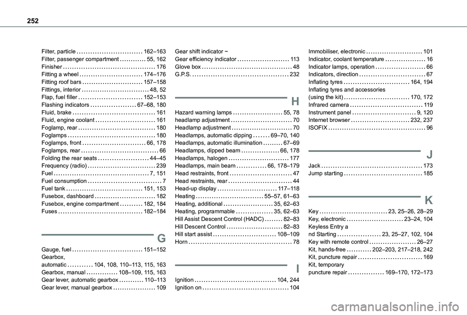 TOYOTA PROACE CITY VERSO 2021 Owners Manual 252
Filter, particle 162–163Filter, passenger compartment 55, 162Finisher 176Fitting a wheel 174–176Fitting roof bars 157–158Fittings, interior 48, 52Flap, fuel filler 152–153Fla TOYOTA PROACE CITY VERSO 2021 Owners Manual 252
Filter, particle 162–163Filter, passenger compartment 55, 162Finisher 176Fitting a wheel 174–176Fitting roof bars 157–158Fittings, interior 48, 52Flap, fuel filler 152–153Fla