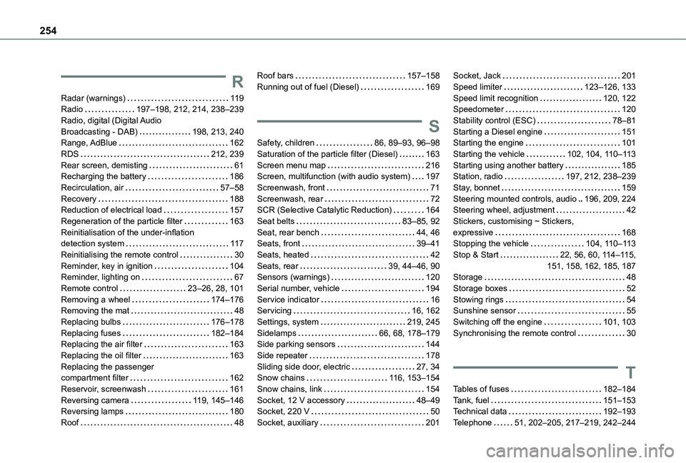 TOYOTA PROACE CITY VERSO 2021 Owners Manual 254
R
Radar (warnings) 11 9Radio 197–198, 212, 214, 238–239Radio, digital (Digital Audio Broadcasting - DAB) 198, 213, 240Range, AdBlue 162RDS 212, 239Rear screen, demisting 61Recharg TOYOTA PROACE CITY VERSO 2021 Owners Manual 254
R
Radar (warnings) 11 9Radio 197–198, 212, 214, 238–239Radio, digital (Digital Audio Broadcasting - DAB) 198, 213, 240Range, AdBlue 162RDS 212, 239Rear screen, demisting 61Recharg