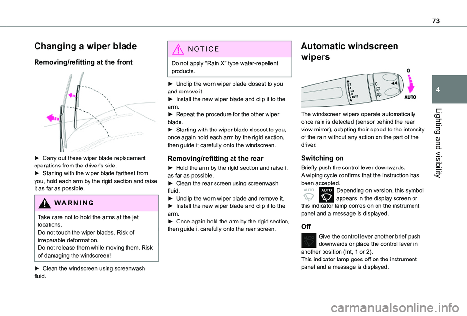TOYOTA PROACE CITY VERSO 2021 Manual PDF 73
Lighting and visibility
4
Changing a wiper blade
Removing/refitting at the front
► Carry out these wiper blade replacement operations from the driver's side.► Starting with the wiper bla TOYOTA PROACE CITY VERSO 2021 Manual PDF 73
Lighting and visibility
4
Changing a wiper blade
Removing/refitting at the front
► Carry out these wiper blade replacement operations from the driver's side.► Starting with the wiper bla