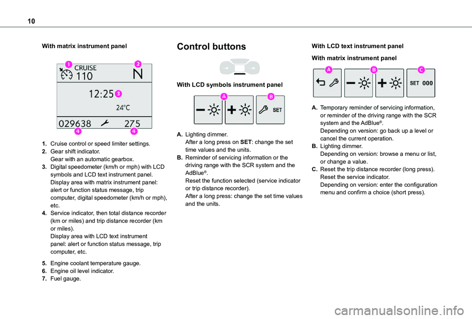 TOYOTA PROACE CITY VERSO 2021 Owners Manual 10
With matrix instrument panel
1.Cruise control or speed limiter settings.
2.Gear shift indicator.Gear with an automatic gearbox.
3.Digital speedometer (km/h or mph) with LCD symbols and LCD text TOYOTA PROACE CITY VERSO 2021 Owners Manual 10
With matrix instrument panel
1.Cruise control or speed limiter settings.
2.Gear shift indicator.Gear with an automatic gearbox.
3.Digital speedometer (km/h or mph) with LCD symbols and LCD text
