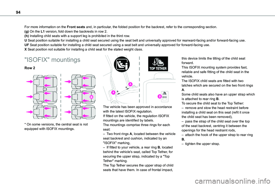 TOYOTA PROACE CITY VERSO 2021 Owners Manual 94
For more information on the Front seats and, in particular, the folded position for the backrest, refer to the corresponding secti\
on.(g) On the L1 version, fold down the backrests in row 2.(h) In TOYOTA PROACE CITY VERSO 2021 Owners Manual 94
For more information on the Front seats and, in particular, the folded position for the backrest, refer to the corresponding secti\
on.(g) On the L1 version, fold down the backrests in row 2.(h) In