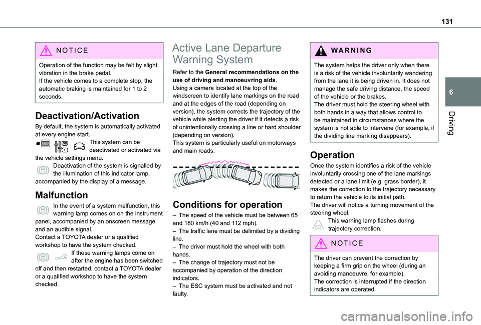 TOYOTA PROACE CITY VERSO 2020 Owners Manual 131
Driving
6
NOTIC E
Operation of the function may be felt by slight vibration in the brake pedal.If the vehicle comes to a complete stop, the automatic braking is maintained for 1 to 2 seconds.
Deac TOYOTA PROACE CITY VERSO 2020 Owners Manual 131
Driving
6
NOTIC E
Operation of the function may be felt by slight vibration in the brake pedal.If the vehicle comes to a complete stop, the automatic braking is maintained for 1 to 2 seconds.
Deac