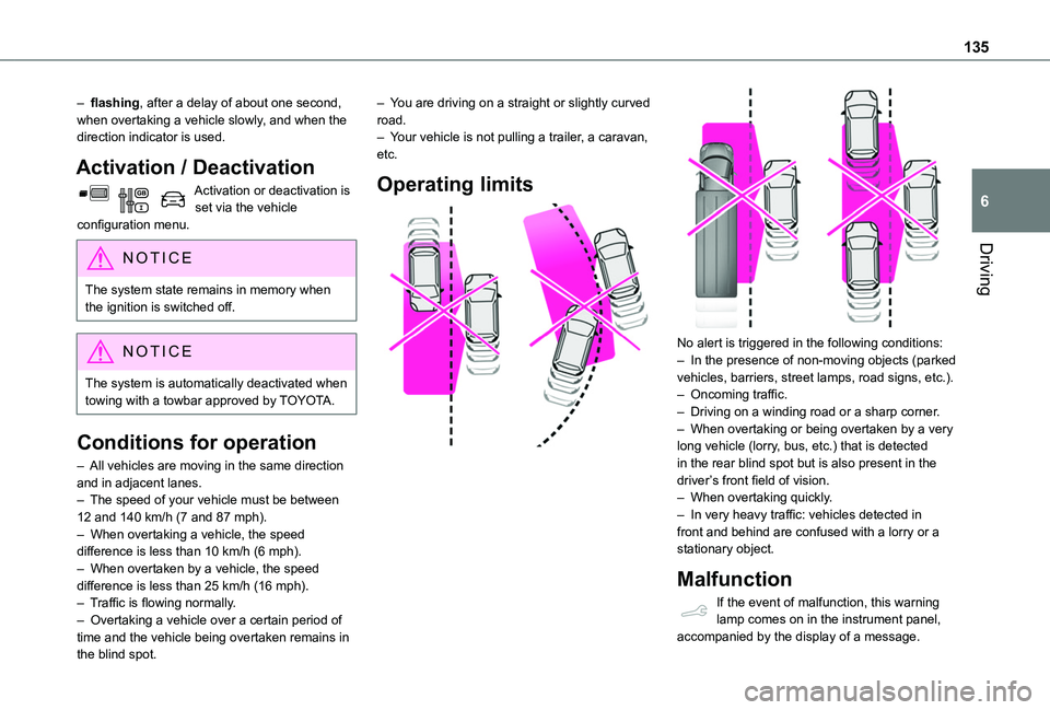 TOYOTA PROACE CITY VERSO 2020 Owners Manual 135
Driving
6
– flashing, after a delay of about one second, when overtaking a vehicle slowly, and when the direction indicator is used.
Activation / Deactivation
Activation or deactivation is set v TOYOTA PROACE CITY VERSO 2020 Owners Manual 135
Driving
6
– flashing, after a delay of about one second, when overtaking a vehicle slowly, and when the direction indicator is used.
Activation / Deactivation
Activation or deactivation is set v