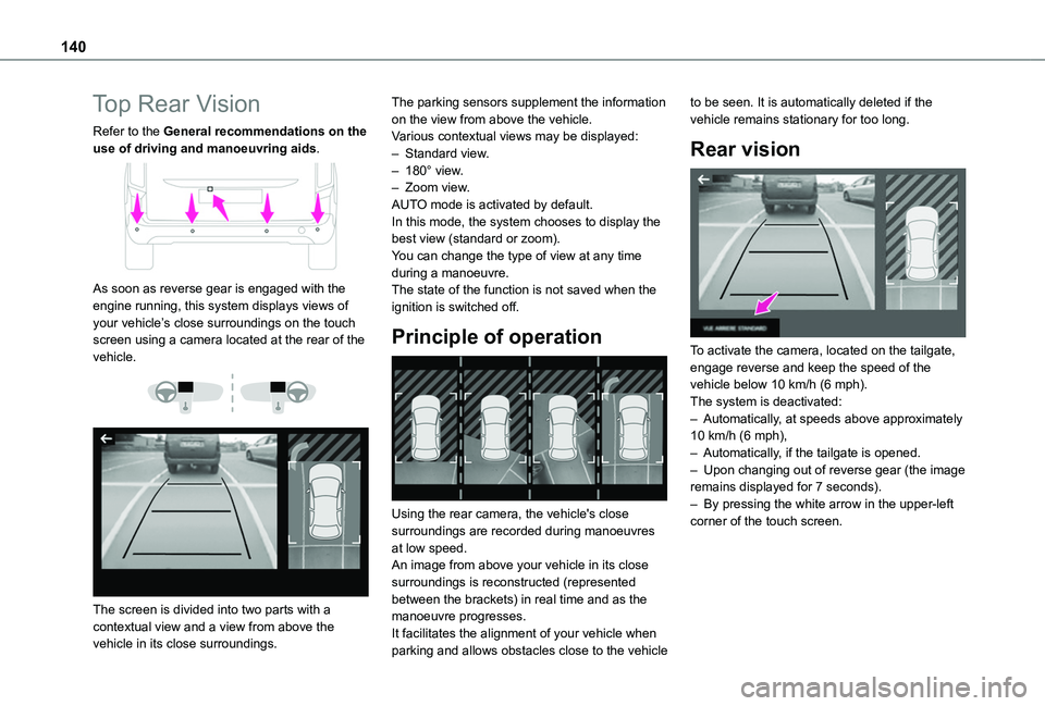 TOYOTA PROACE CITY VERSO 2020 Owners Manual 140
Top Rear Vision
Refer to the General recommendations on the use of driving and manoeuvring aids.
As soon as reverse gear is engaged with the engine running, this system displays views of your v TOYOTA PROACE CITY VERSO 2020 Owners Manual 140
Top Rear Vision
Refer to the General recommendations on the use of driving and manoeuvring aids.
As soon as reverse gear is engaged with the engine running, this system displays views of your v