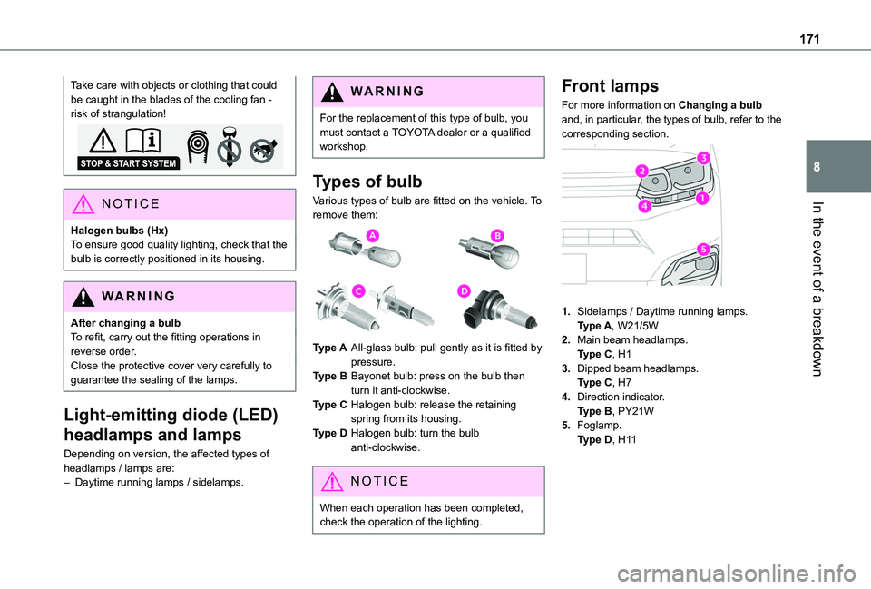 TOYOTA PROACE CITY VERSO 2020  Owners Manual 171
In the event of a breakdown
8
Take care with objects or clothing that could be caught in the blades of the cooling fan - risk of strangulation!
NOTIC E
Halogen bulbs (Hx)To ensure good quality lig