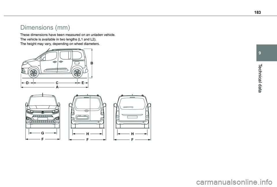TOYOTA PROACE CITY VERSO 2020 Owners Manual 183
Technical data
9
Dimensions (mm)
These dimensions have been measured on an unladen vehicle.The vehicle is available in two lengths (L1 and L2).The height may vary, depending on wheel diameters.
TOYOTA PROACE CITY VERSO 2020 Owners Manual 183
Technical data
9
Dimensions (mm)
These dimensions have been measured on an unladen vehicle.The vehicle is available in two lengths (L1 and L2).The height may vary, depending on wheel diameters.