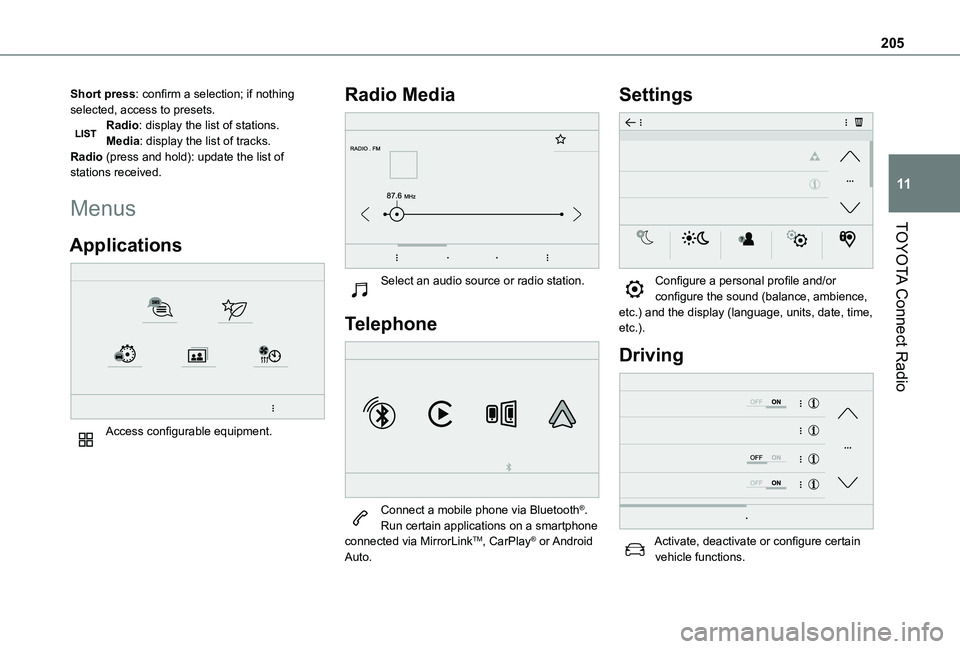 TOYOTA PROACE CITY VERSO 2020 Owners Manual 205
TOYOTA Connect Radio
11
Short press: confirm a selection; if nothing selected, access to presets.Radio: display the list of stations.Media: display the list of tracks.Radio (press and hold): updat TOYOTA PROACE CITY VERSO 2020 Owners Manual 205
TOYOTA Connect Radio
11
Short press: confirm a selection; if nothing selected, access to presets.Radio: display the list of stations.Media: display the list of tracks.Radio (press and hold): updat