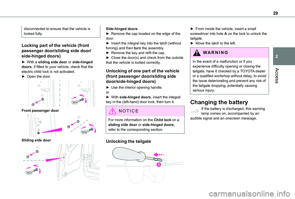 TOYOTA PROACE CITY VERSO 2020 Owners Manual 29
Access
2
disconnected to ensure that the vehicle is locked fully.
Locking part of the vehicle (front
passenger door/sliding side door/
side-hinged doors)
► With a sliding side door or side-hinge TOYOTA PROACE CITY VERSO 2020 Owners Manual 29
Access
2
disconnected to ensure that the vehicle is locked fully.
Locking part of the vehicle (front
passenger door/sliding side door/
side-hinged doors)
► With a sliding side door or side-hinge