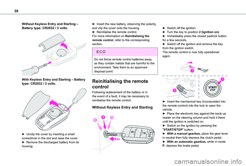 TOYOTA PROACE CITY VERSO 2020 Owners Manual 30
Without Keyless Entry and Starting ‒ Battery type: CR2032 / 3 volts.
With Keyless Entry and Starting ‒ Battery type: CR2032 / 3 volts.
► Unclip the cover by inserting a small screwdrive TOYOTA PROACE CITY VERSO 2020 Owners Manual 30
Without Keyless Entry and Starting ‒ Battery type: CR2032 / 3 volts.
With Keyless Entry and Starting ‒ Battery type: CR2032 / 3 volts.
► Unclip the cover by inserting a small screwdrive