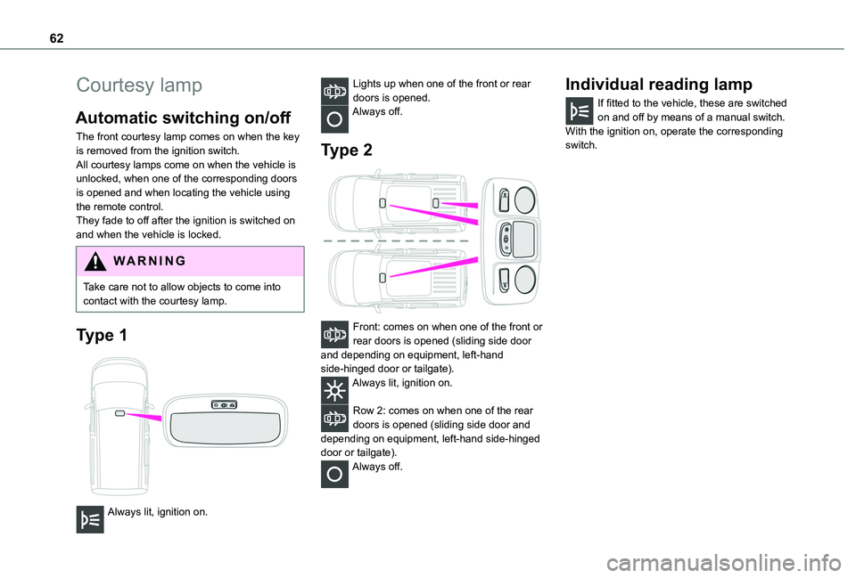 TOYOTA PROACE CITY VERSO 2020 Repair Manual 62
Courtesy lamp
Automatic switching on/off
The front courtesy lamp comes on when the key is removed from the ignition switch.All courtesy lamps come on when the vehicle is unlocked, when one of the c TOYOTA PROACE CITY VERSO 2020 Repair Manual 62
Courtesy lamp
Automatic switching on/off
The front courtesy lamp comes on when the key is removed from the ignition switch.All courtesy lamps come on when the vehicle is unlocked, when one of the c